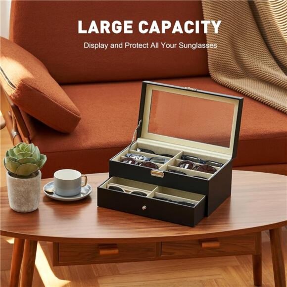 Black PU Leather Sunglasses Organizer with 12 Slots,2 Story,Lockable & Dustproof - Picture 3 of 7
